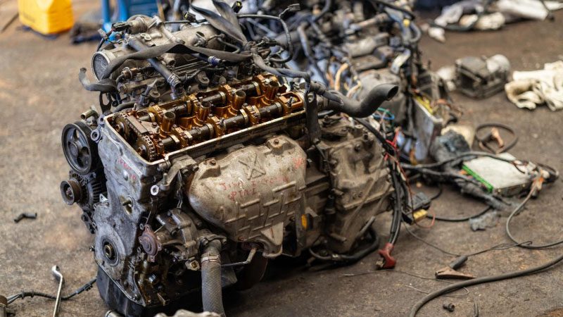 Heavily damaged engine cylinder head with visible cracks and wear.