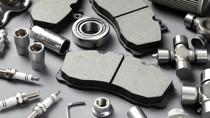 Auto parts displayed on shelves at local engine dealer store.