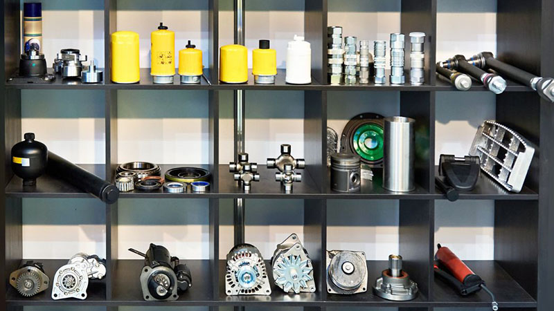 Automotive spare parts displayed in local auto parts shop.