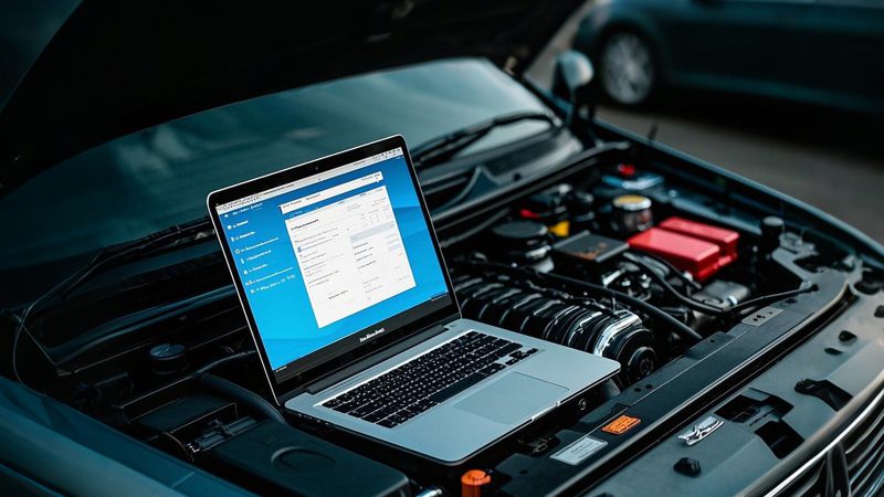 Laptop screen displaying ECU upgrade software for vehicle tuning.