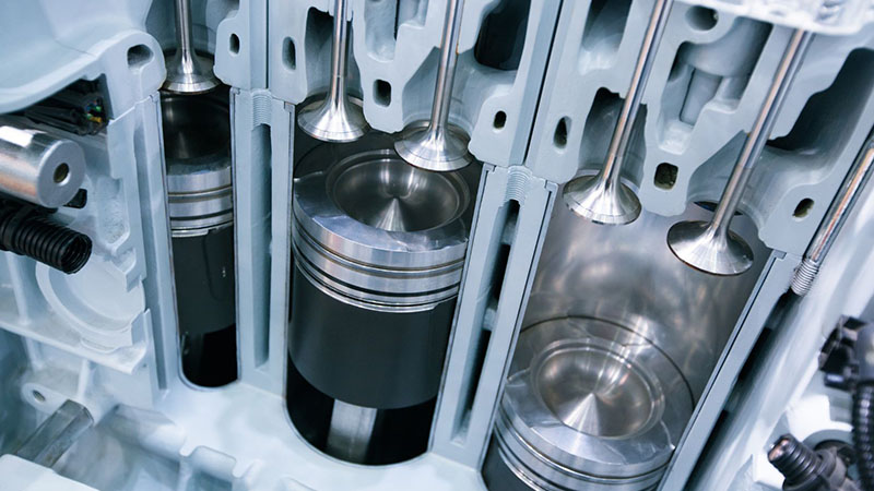 Inside view of an engine cylinder showing pistons and valves in detail.