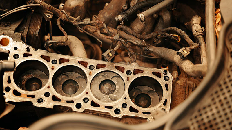 Close-up view of a diesel engine cylinder head gasket.