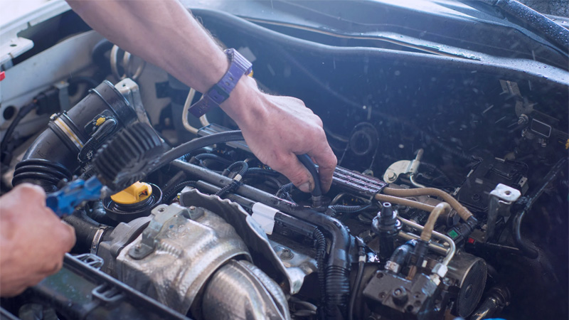 Auto mechanic repairing a car engine.