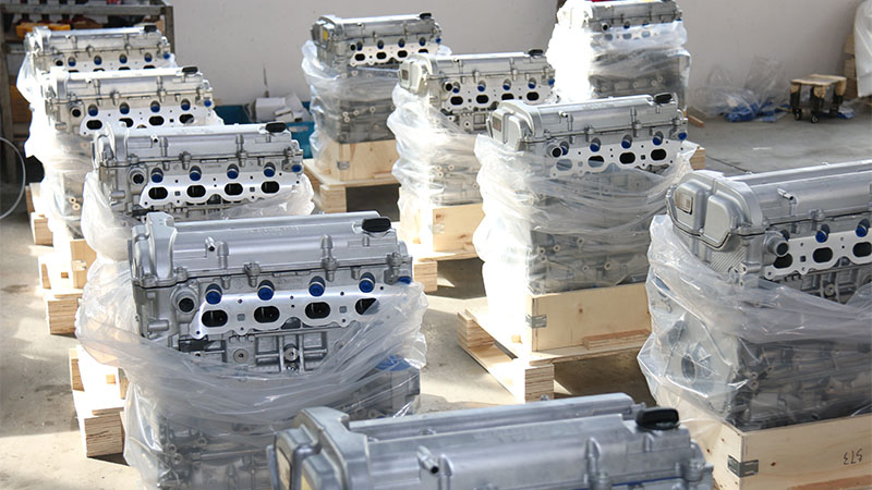 Newly assembled replacement engines ready for packaging and shipping from the factory.