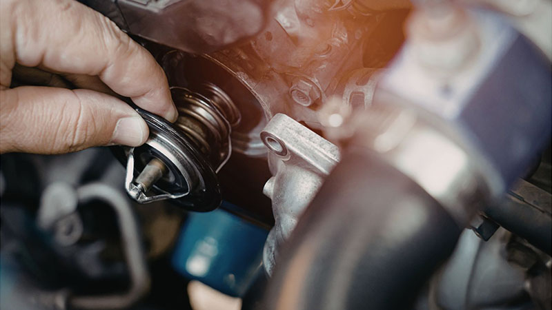 Mechanic checking engine coolant level under the hood to ensure proper engine cooling system function.