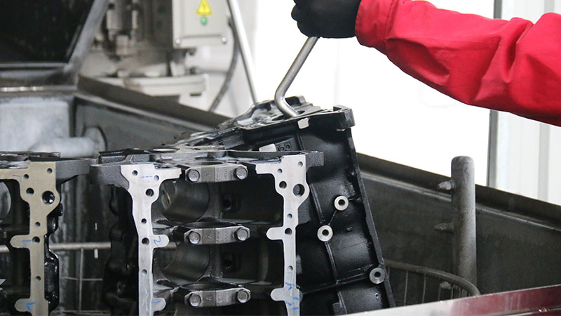Close-up of cylinder blocks after cleaning on the production line.