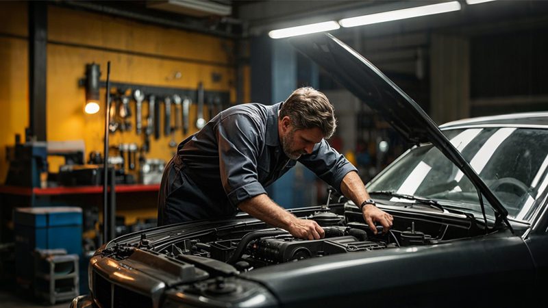 A mechanic performing maintenance on a car engine, ensuring optimal performance and efficiency for better fuel economy.