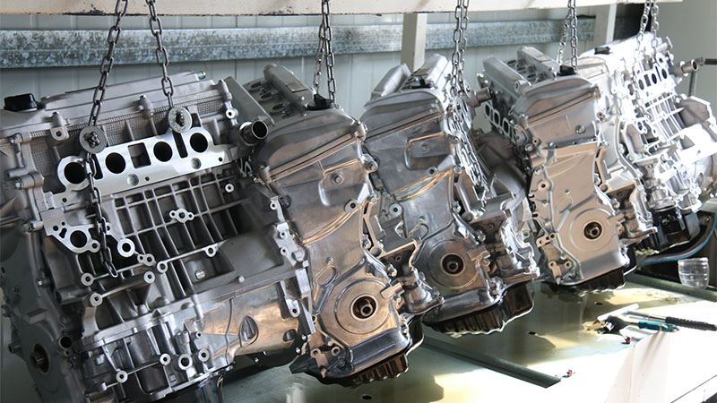 Auto engines assembled and ready for testing in manufacturing facility.