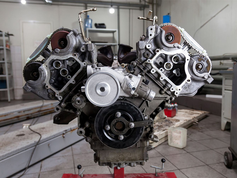 Used V8 engine being lifted by crane for installation in a repair workshop, illustrating engine replacement and warranty service in the auto service industry.