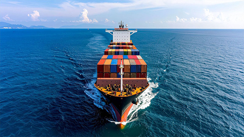 Container cargo ship at sea illustrating international shipping and engine export logistics.