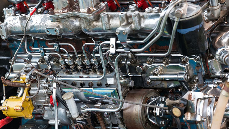 Close-up of engine components highlighting structure.