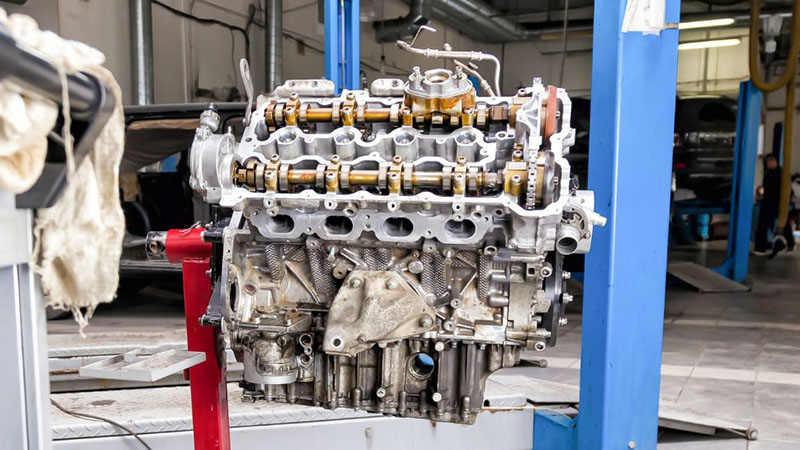 Eight-cylinder engine on stand in auto repair workshop.