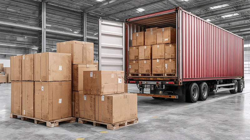 Boxes and shipping containers in a warehouse representing engine storage and distribution logistics.