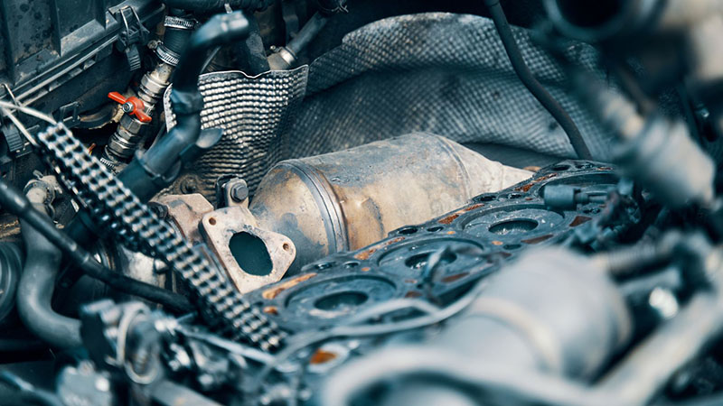 Diesel particulate filter (DPF) under the hood of a vehicle.