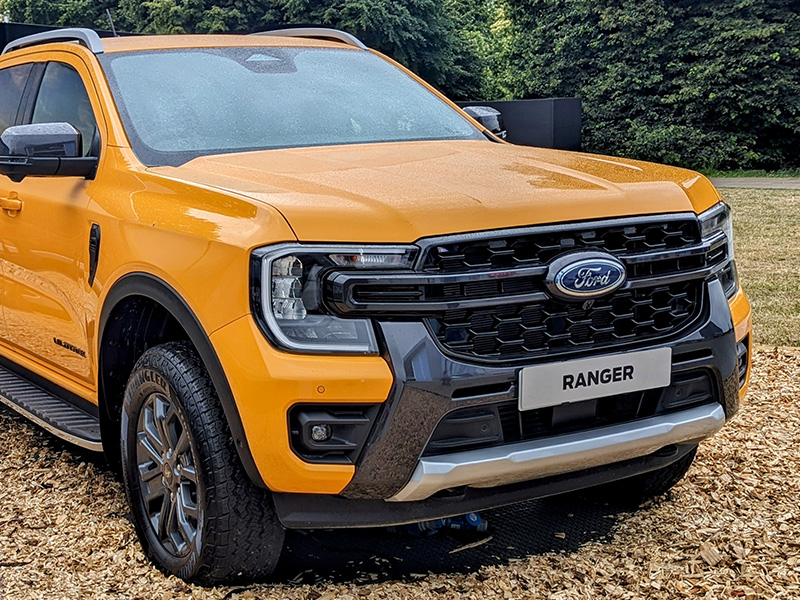 Close-up of Ford Ranger Wildtrak pickup truck front design.