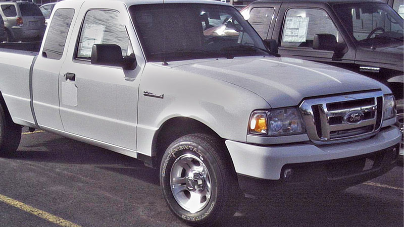 Front view of Ford Ranger pickup truck showing grille and design.