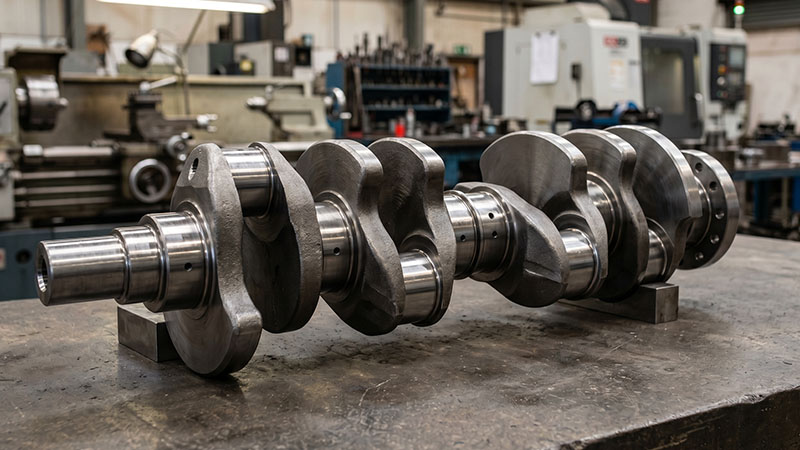 Forged crankshaft displayed on a workbench in a workshop.