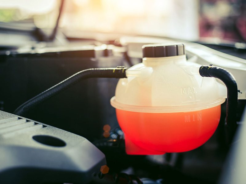 Close-up view of a car’s coolant reservoir with the cap open, showing the process of checking coolant level.