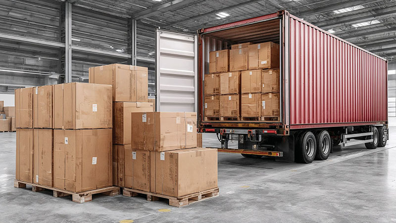 Boxes and shipping containers for automotive engine exports in warehouse.