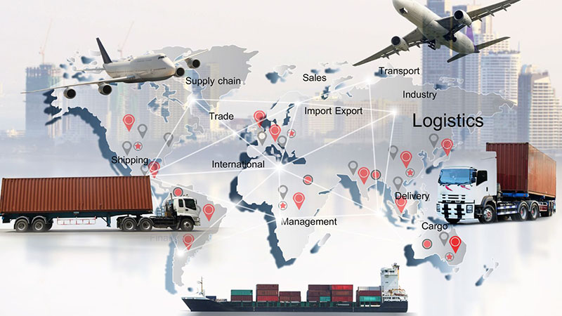 Transportation and logistics concept with cargo ships, trucks, and containers symbolizing global import-export of auto parts from China.
