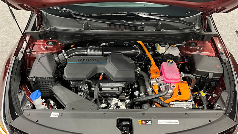 Close-up of a Kia Sportage Hybrid engine bay.