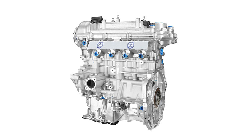 Close-up view of a G4FD long block engine.