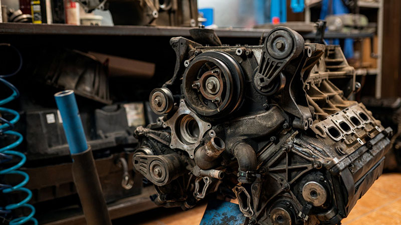 Automotive engine replacement and repair close-up.