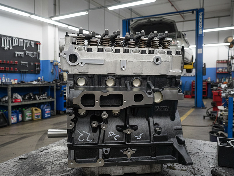 Mitsubishi 4D56 long block diesel engine displayed in a workshop.