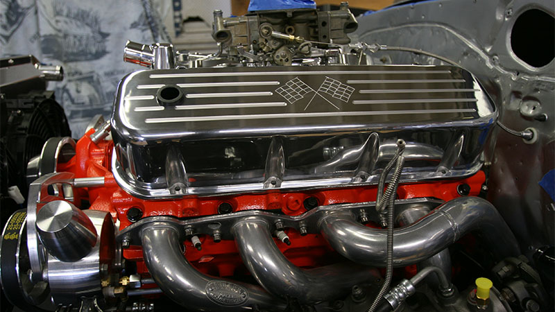Close-up view of a Chevrolet car engine.