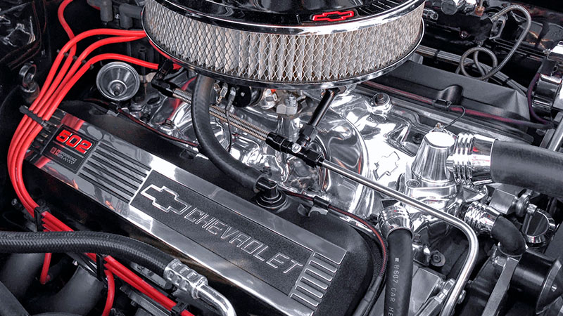 Close-up of a Chevy big block engine.