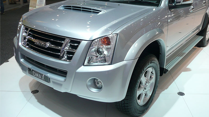 Front view of Isuzu D-Max pickup truck known for reliable diesel engine.