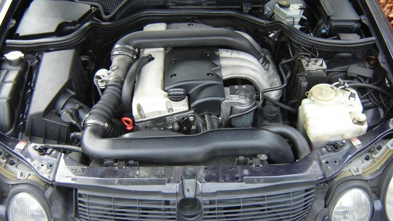 Close-up of a Mercedes OM602 diesel engine.