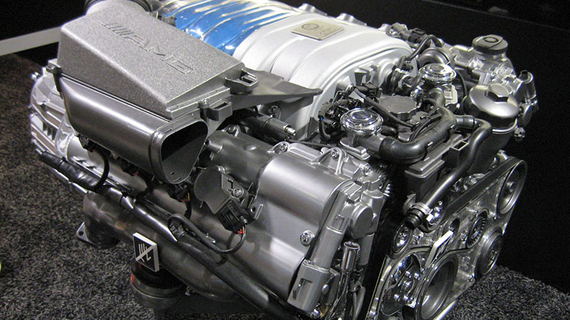 Close-up of a Mercedes-Benz V8 engine.