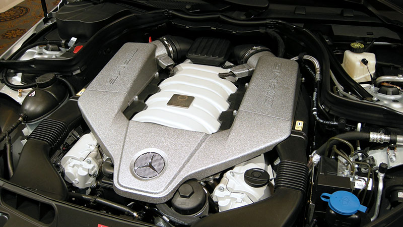 Close-up of a Mercedes V8 engine.