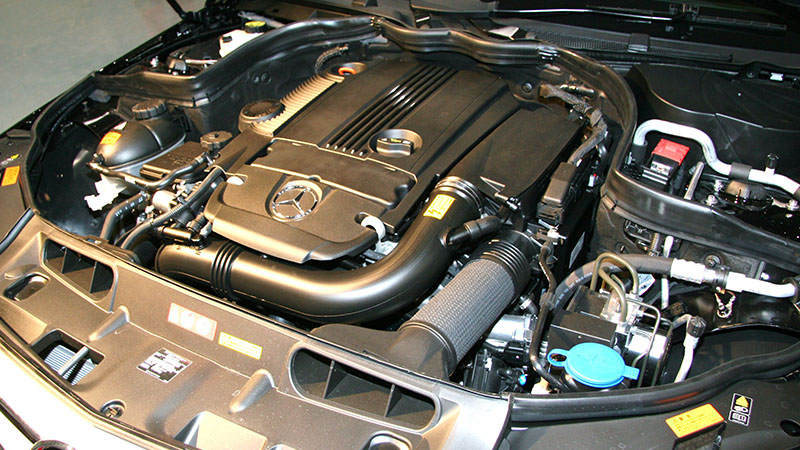 Close-up of a Mercedes-Benz engine bay.
