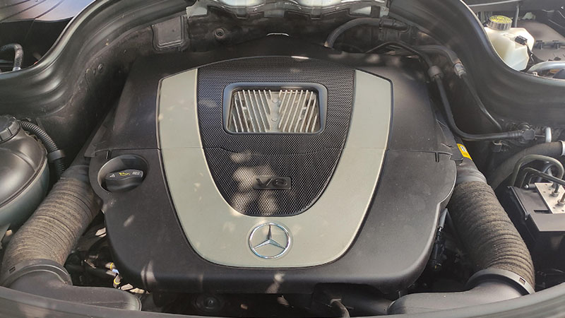 Close-up of a classic Mercedes V6 engine.