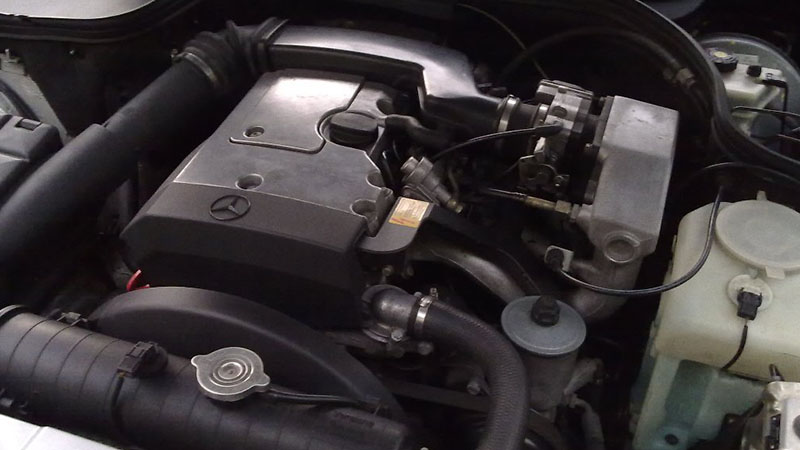 Close-up of a Mercedes M111 petrol engine.