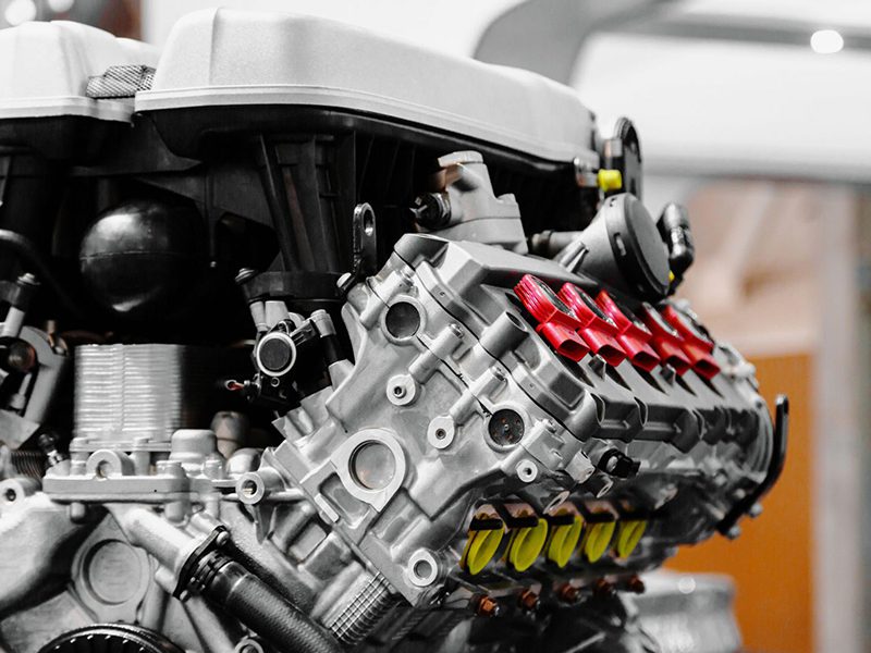 Close-up of a new turbocharged engine showcasing modern performance components
