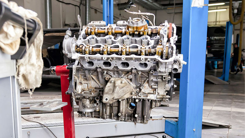 Car engine removed for replacement and inspection in repair workshop.