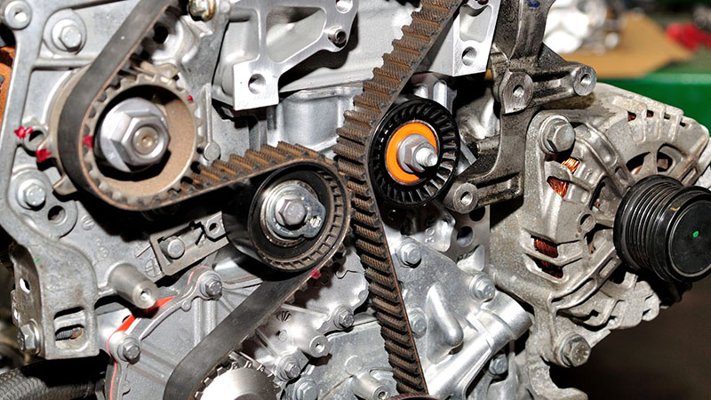 Detailed view of engine timing system including belt and gears.