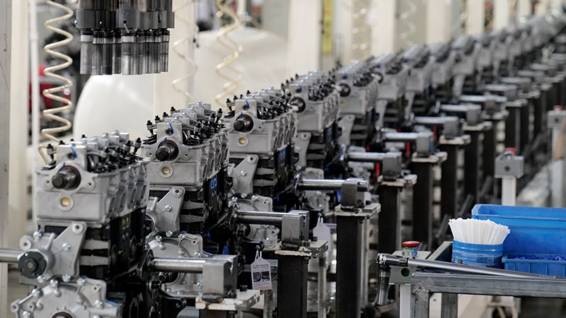 Auto engine production line at supplier factory for engine manufacturing.