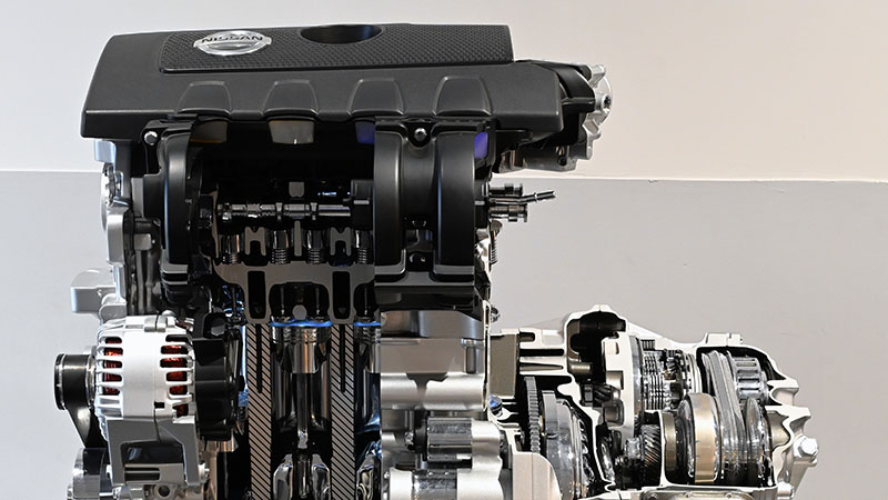 Close-up of an MRA8DE engine and CVT in a Nissan Sentra application.