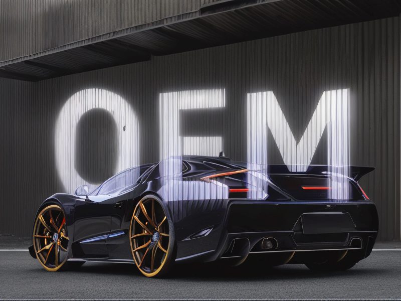 Luxury car in the background with bold 'OEM' text overlay, symbolizing the importance of original parts for vehicle performance and aesthetics
