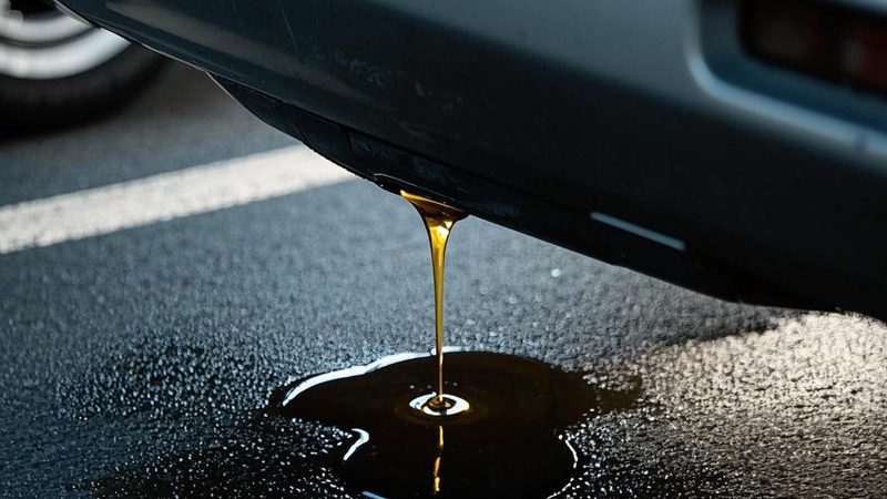 Vazamento visível de óleo pingando por baixo de um carro, indicando possíveis problemas no motor.