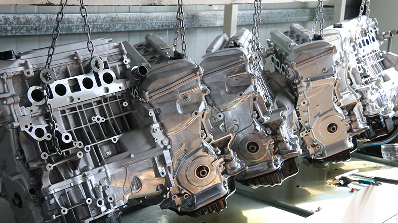 Newly assembled engines ready for testing on the Woda Auto factory production line.