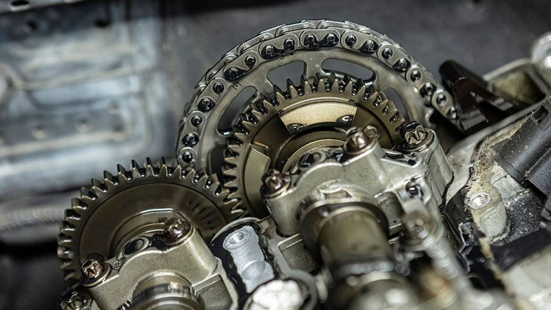 Close-up of an engine timing chain and sprockets.