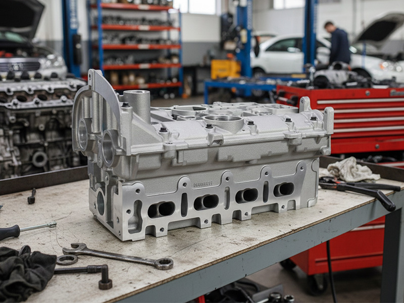 Renault K4M 1.6 16V cylinder head displayed in workshop.