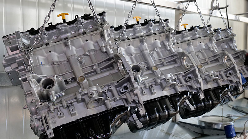 New assembled engines ready for factory testing and quality inspection.