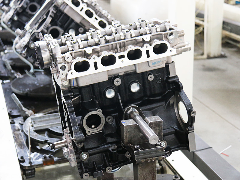 Long block engines assembled at an engine manufacturing factory.