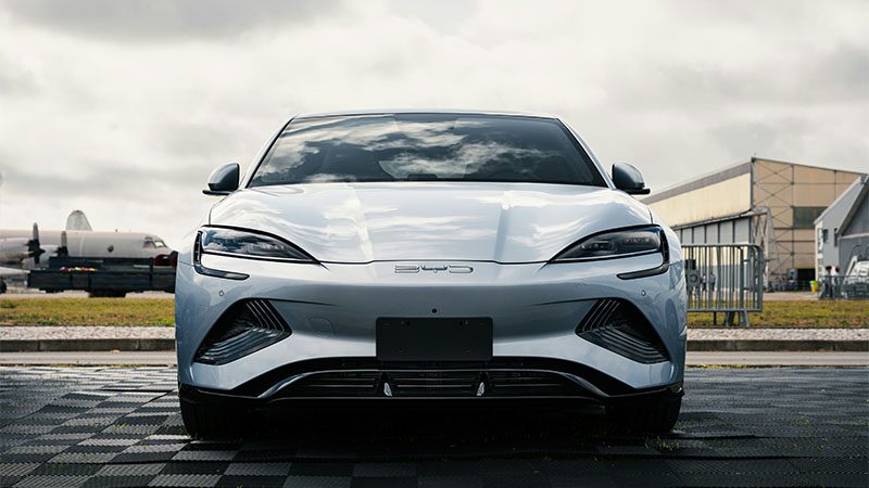 Front view of a BYD electric vehicle highlighting its modern design and branding.